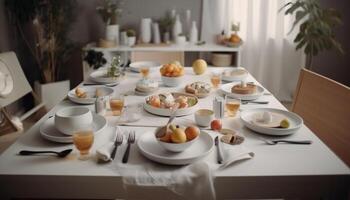 Healthy lunch bowl on modern wooden table generated by AI photo