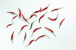 Fresh birds eye red chilli scattered isolated unique green chilli top view on white background photo