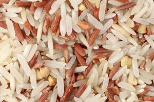 Mixed low glycaemic index healthy rice grain basmati millet buckwheat red rice heap on white background top view photo