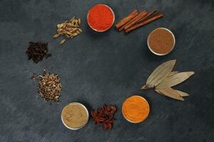 Mix variety spice cinnamon cardamom clove bay leaf wooden chilli cumin turmeric powered border frame copy text space on black slate background photo