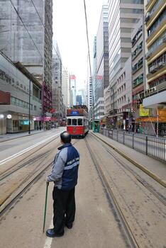 HONG KONG- FEBRUARY 18, 2018-Western Market Terminus is one of the termini in Hong Kong Tramways. One of the starting point for TramOramic Tour on a 1920s-style open top tram. photo