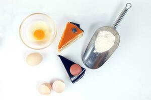 Raw Egg cake flower ingredient on white background photo