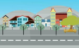 Vector illustration background  scene with road trees and bench or hill to city illustration home and house.