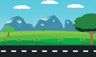 vector naturaleza paisaje antecedentes. linda sencillo dibujos animados estilo. la carretera y colina, vistoso arboles y montaña