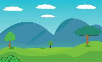Vector illustration of a beautiful tree, nature and hill  landscape  background. Cute simple cartoon style