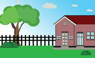 Vector illustration House, cottage for the family. Can be used as a background on a web site, template, texture, architecture. trees and grass green sky