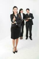 Young Asian man woman wearing business office suit stand white background photo