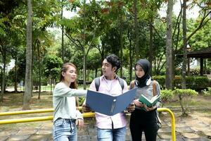 joven asiático malayo chino hombre mujer al aire libre parque caminar estar estudiar hablar discutir punto ordenador portátil archivo libro mochila mezclarse foto