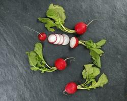 Small red radish on black slate background photo