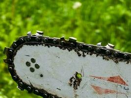 Sharpened sharp teeth of an electric saw chain on a blurred green background. photo