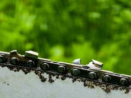 Sharpened sharp teeth of an electric saw chain on a blurred green background. photo