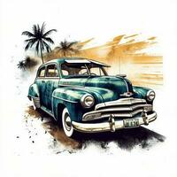 Classic car in beach scene, watercolor palm beach tropical background. ai art photo