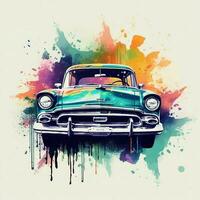 Classic car in beach scene, watercolor palm beach tropical background. ai art photo