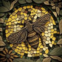 stained glass window style bee with flowers, photo