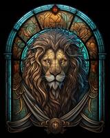 Stained glass window style Lion art , photo