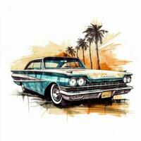 Classic car in beach scene, watercolor palm beach tropical background. ai art photo