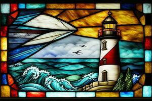 Stained glass light house ai art photo