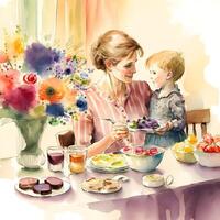 mothers day art, watercolor mother and daughter, photo