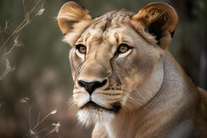 un majestuoso hembra león es sentado en el bosque de el sabana, su dorado piel brillante en el luz del sol .. generativa ai foto