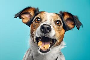 frontera collie con un gracioso y juguetón expresión, capturado en un de cerca Disparo en contra un azul fondo, hecho con generativo ai foto