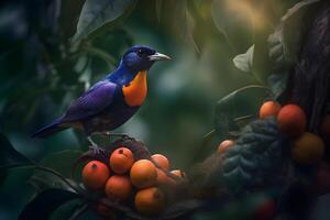 euphonia perched on a branch of a tree with dark green leaves. The bird is holding onto a small red fruits, made with photo