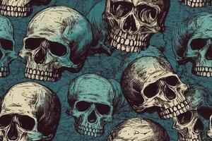 Gothic hand-drawn illustration. Scary seamless pattern with skulls. photo