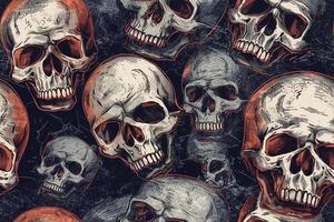 Horror hand-drawn skulls tileable background illustration. photo