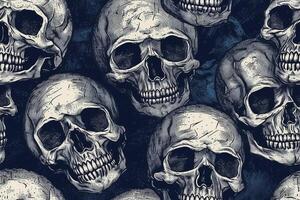 Hand-drawn skulls in seamless patterns. Horror illustration for cards and flyers. photo