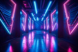 Tech futuristic room of neon illustration with cyberpunk vibes. Sci-fi 3d background. photo