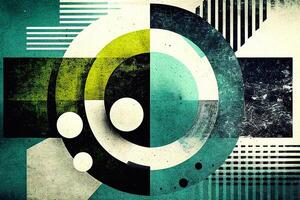 Abstract yellow, green, white, and black geometric shape composition. Retro vintage circles in the center background illustration with grainy paper texture. photo