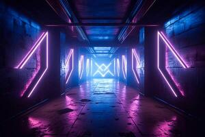 Sci-Fi futuristic room with neon cyberpunk 3D background. photo