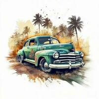 Classic car in beach scene, watercolor palm beach tropical background. ai art photo