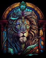 Stained glass window style Lion art , photo