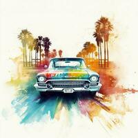 Classic car in beach scene, watercolor palm beach tropical background. ai art photo