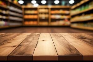 An empty wooden table in front of grocery store. photo