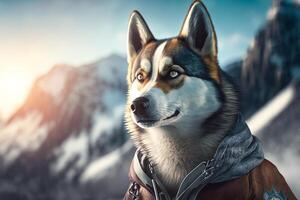 Close up of dog wearing leather jacket with mountain in the background. photo