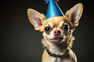 Small dog wearing party hat with bow on it's head and looking at the camera. photo