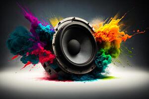 Speaker with colorful paint splashed on it. photo