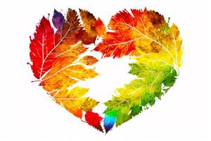 Heart shape made up of leaves of different colors of the same color. photo