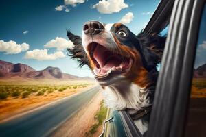 Dog sticking its head out of car window with its mouth open. photo