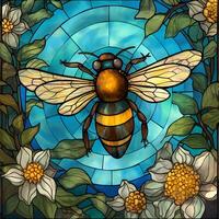 stained glass window style bee with flowers, photo