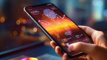 Businessman hand using digital tablet and showing a growing virtual hologram of statistics, graph and chart with arrow up on dark background. blurred concept, illustration photo