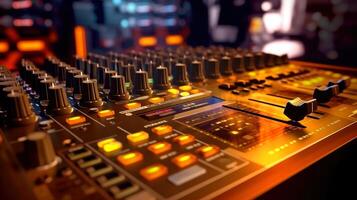 Sound panel for working in the studio and on TV projects. Close-up of the Mixing console. mixing knobs. mix musical tracks on techno party in night club. blurred concept, illustration photo