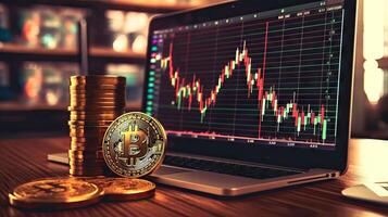 Gold coin with bitcoin symbol on candlestick chart background, dark, bokeh, blurred concept, illustration photo