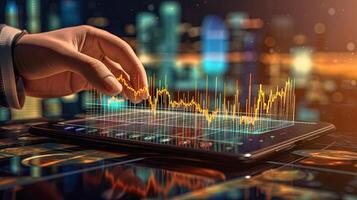 Businessman hand using digital tablet and showing a growing virtual hologram of statistics, graph and chart with arrow up on dark background. blurred concept, illustration photo