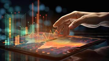 Businessman hand using digital tablet and showing a growing virtual hologram of statistics, graph and chart with arrow up on dark background. blurred concept, illustration photo