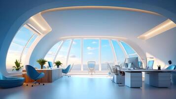 Modern futuristic interior office design with warm tones of blue. Futuristic conference room interior. Workplace and corporate concept. 3d rendering, illustration photo