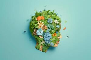 resumen ambiente conservación hojas Arte estilo de verde naturaleza y eco simpático concepto idea. plantas con hojas formando cerebro, generativo ai ilustración foto