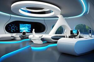 Modern sci-fi futuristic interior office design. Futuristic conference room interior. Workplace and corporate concept. illustration photo