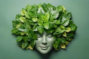 resumen ambiente conservación hojas Arte estilo de verde naturaleza y eco simpático concepto idea. plantas con hojas formando cerebro, selectivo enfocar, generativo ai ilustración foto